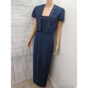 J. R. NITES Caliendo Maxi dress & Bolero jacket suit set beaded Navyblue Sz 10